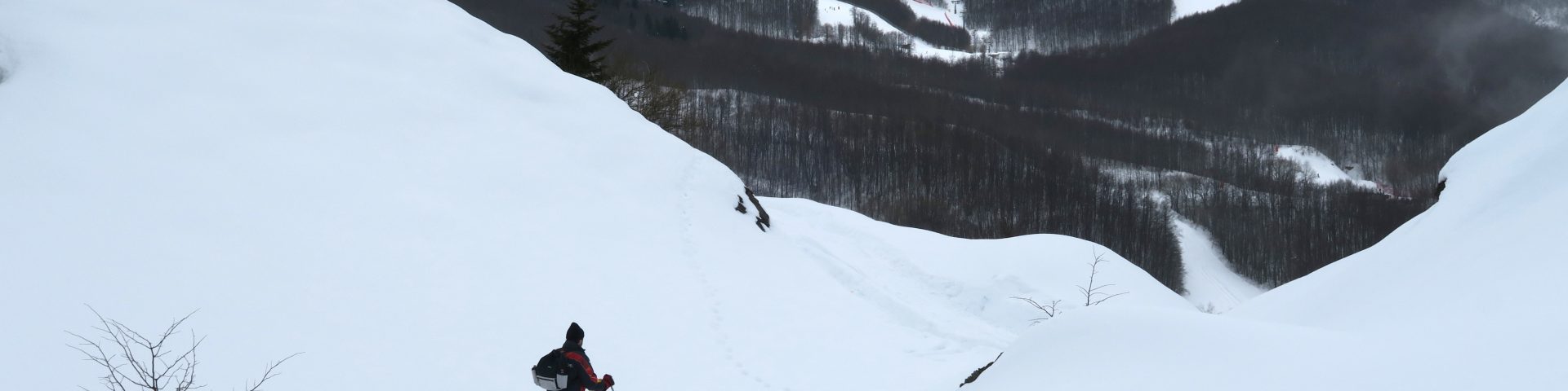 Vacanciers en train de faire une randonnée en raquettes dans la neige